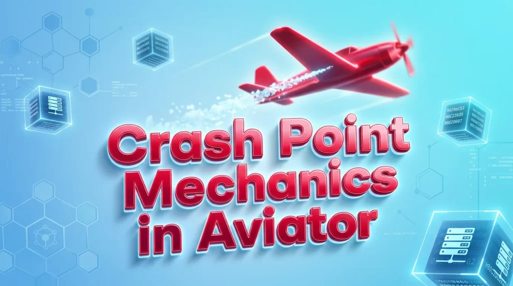 Close-up of Aviator crash point mechanics with glowing text, digital cubes, and a red airplane, against a bright tech backdro