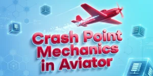 Close-up of Aviator crash point mechanics with glowing text, digital cubes, and a red airplane, against a bright tech backdro